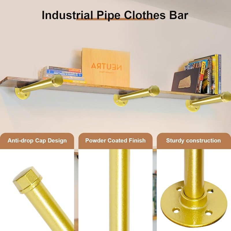 Pintuson 6 Pcs Industrial Pipe Clothes Bar 12 Inch - Wall Mount Clothing Rack - Face Out Closet Rods for Hanging Clothes Commercial Retail Boutique Laundry Shirt Display - Golden - Image 4